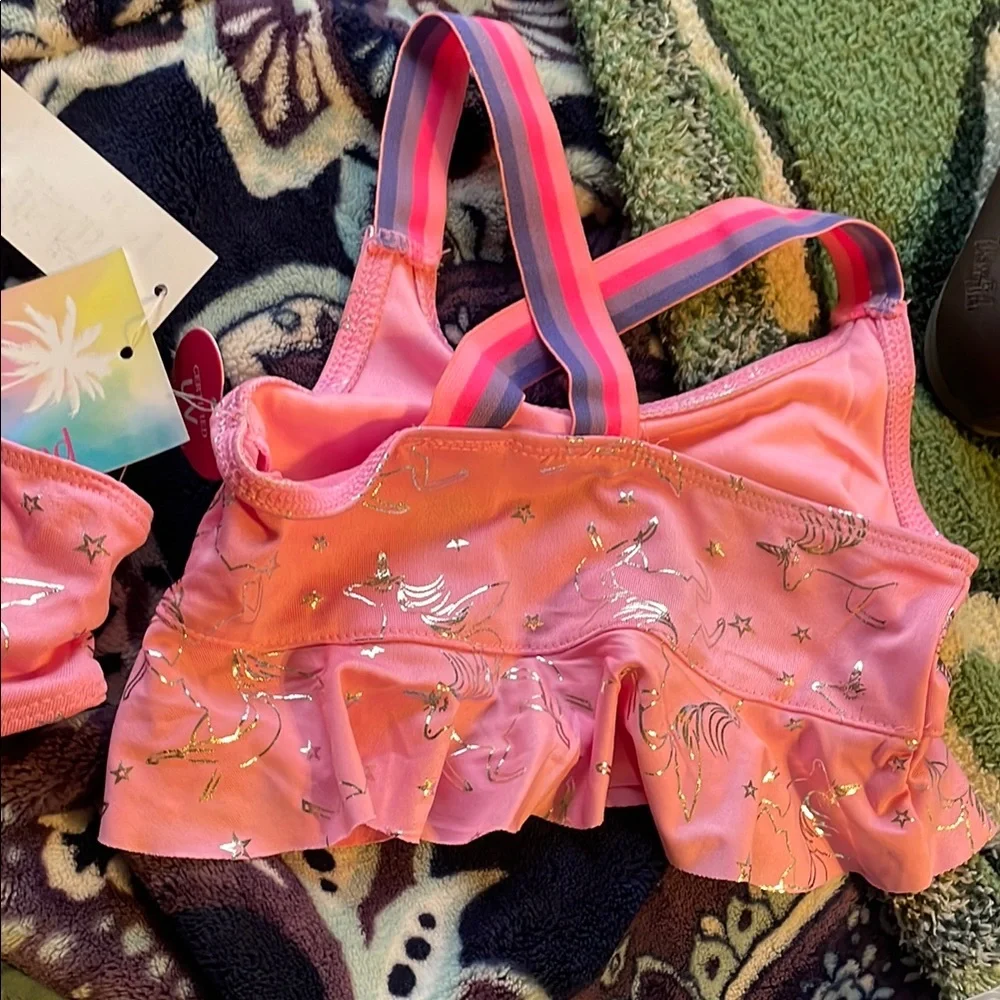 NWT Pink Platinum Unicorn Bikini Set Punk and Silver 5/6 Beach Travel Pool‎